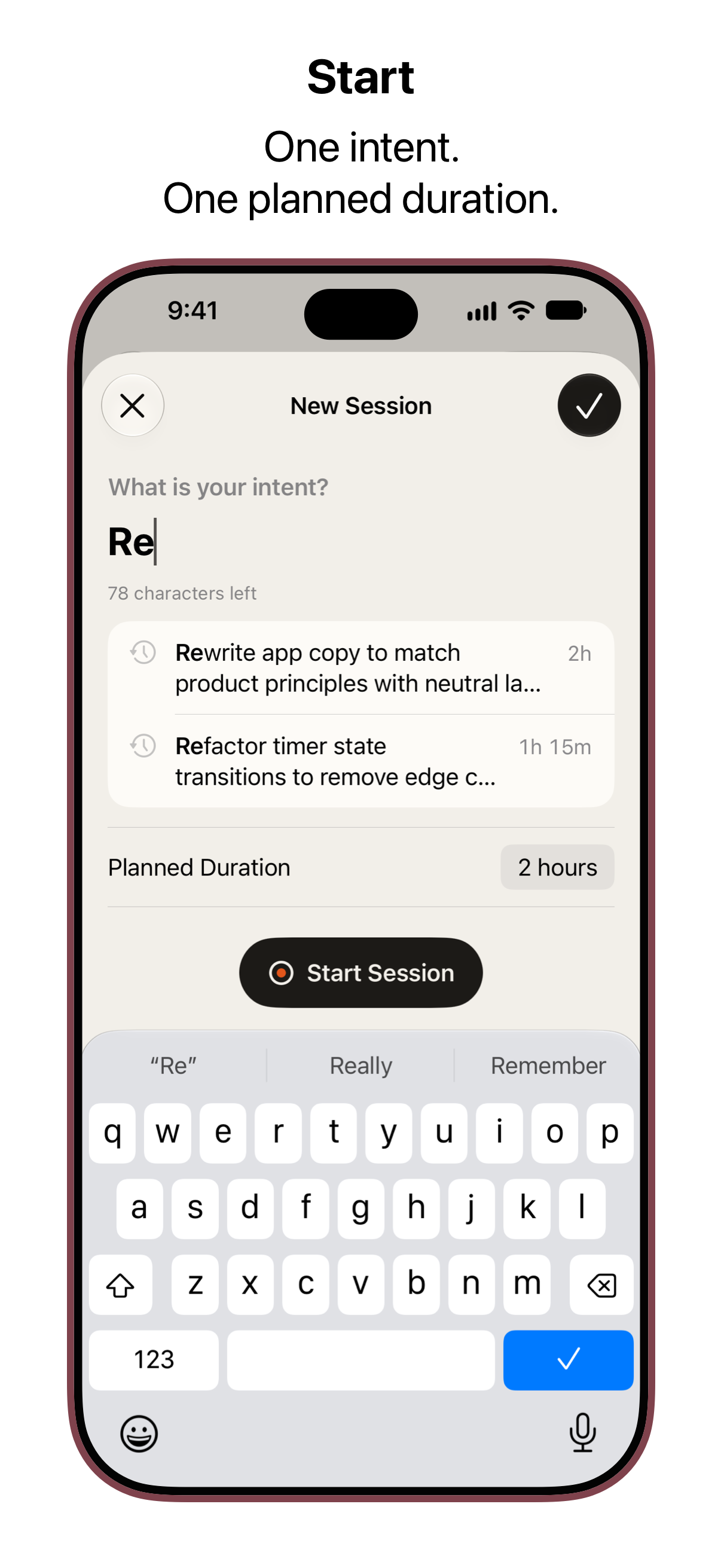Daily Deep Work - New Session screen with an intent and a planned duration