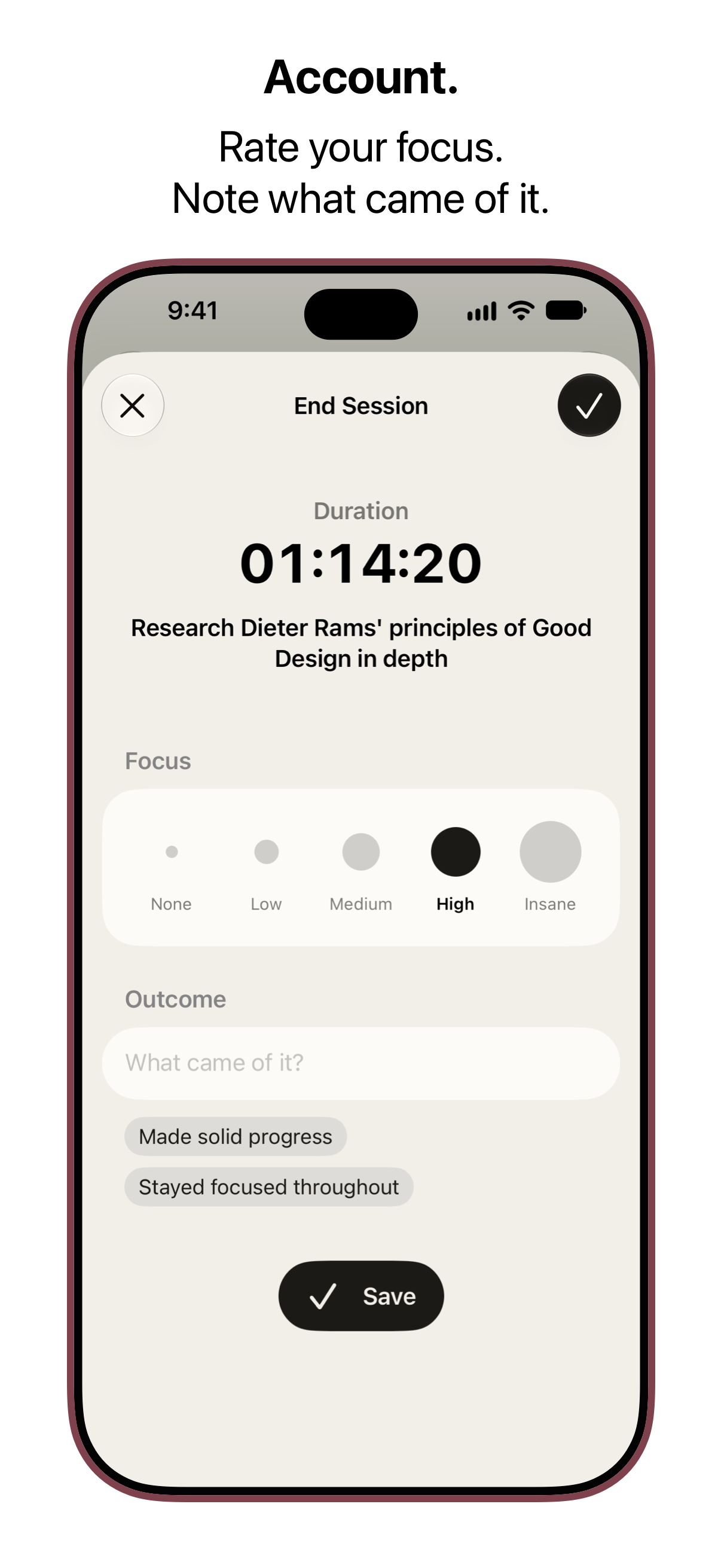 Daily Deep Work - End Session screen with a focus rating and an outcome