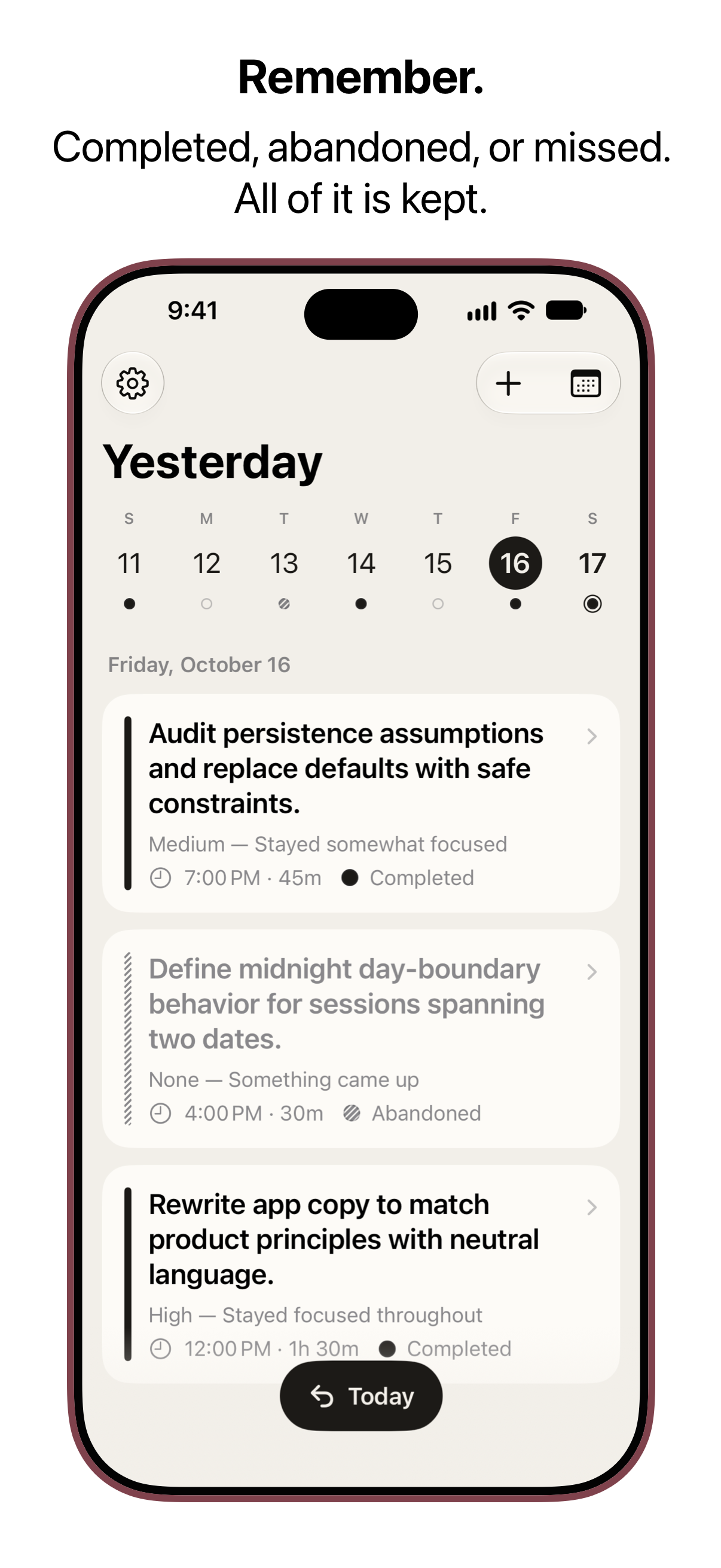 Daily Deep Work - Day screen with completed and abandoned sessions