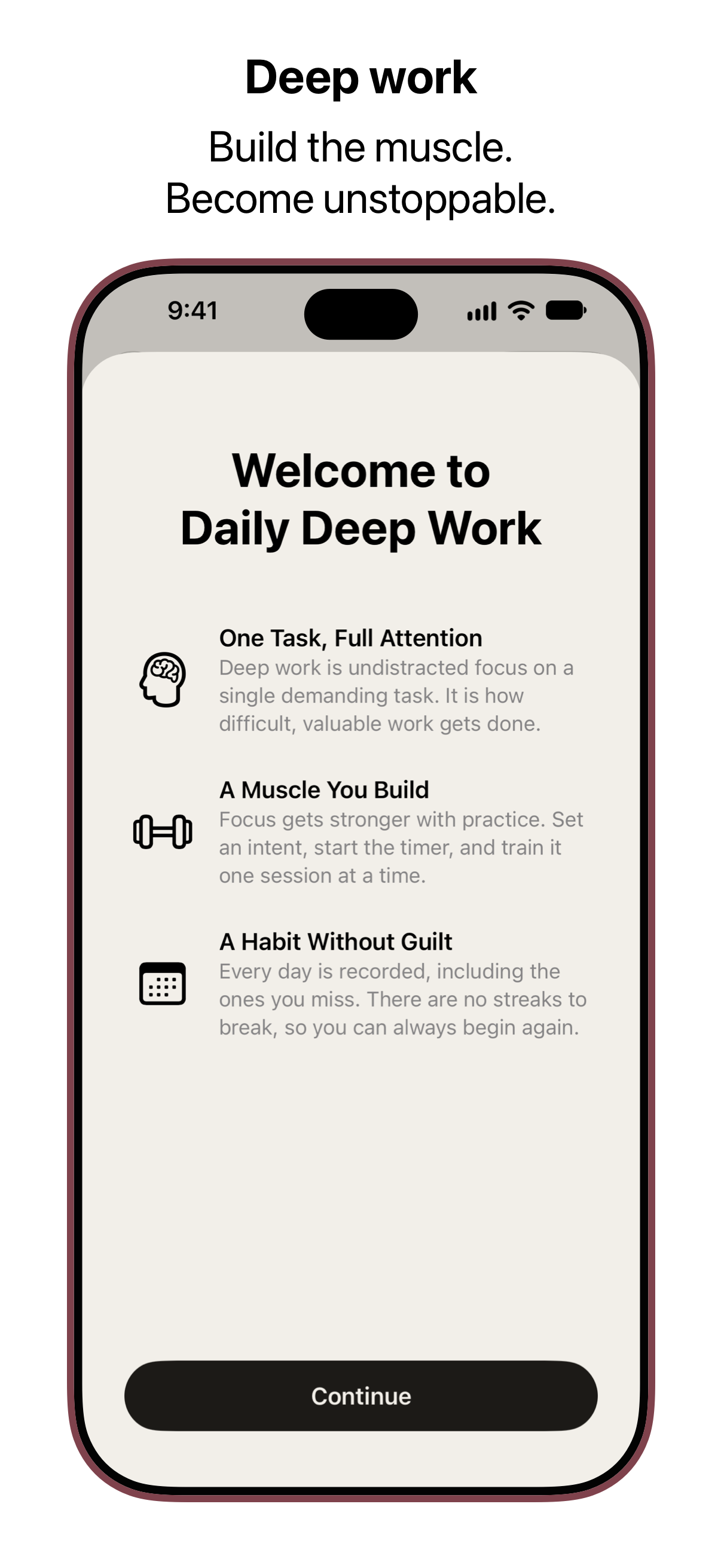Daily Deep Work - Welcome screen explaining deep work